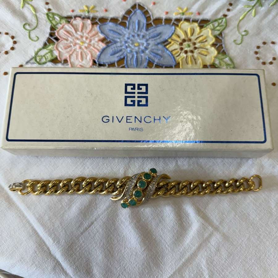Givenchy white and emerald paste large link gold plated bracelet