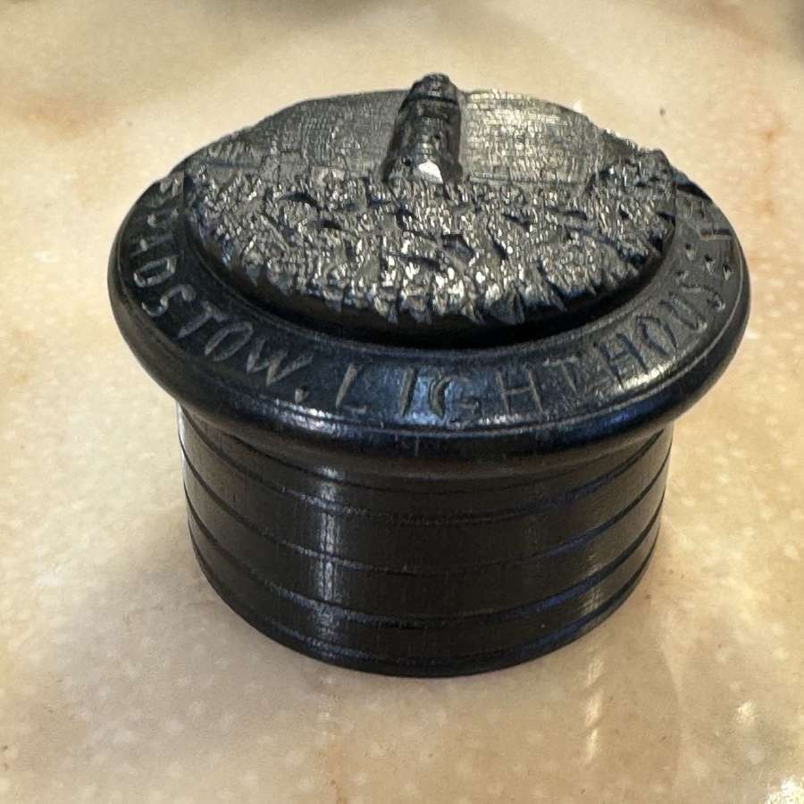 Antique Victorian ebony/bog oak Padstow Lighthouse lidded pot