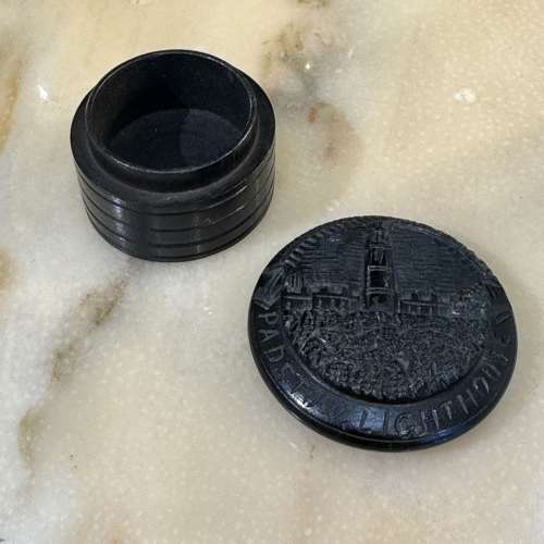 Antique Victorian ebony/bog oak Padstow Lighthouse lidded pot