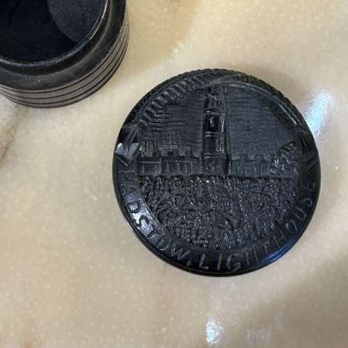 Antique Victorian ebony/bog oak Padstow Lighthouse lidded pot