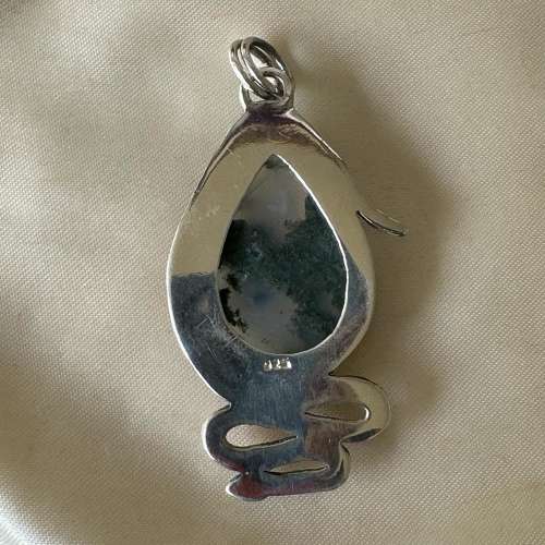 Moss agate and rose gold snake pendant