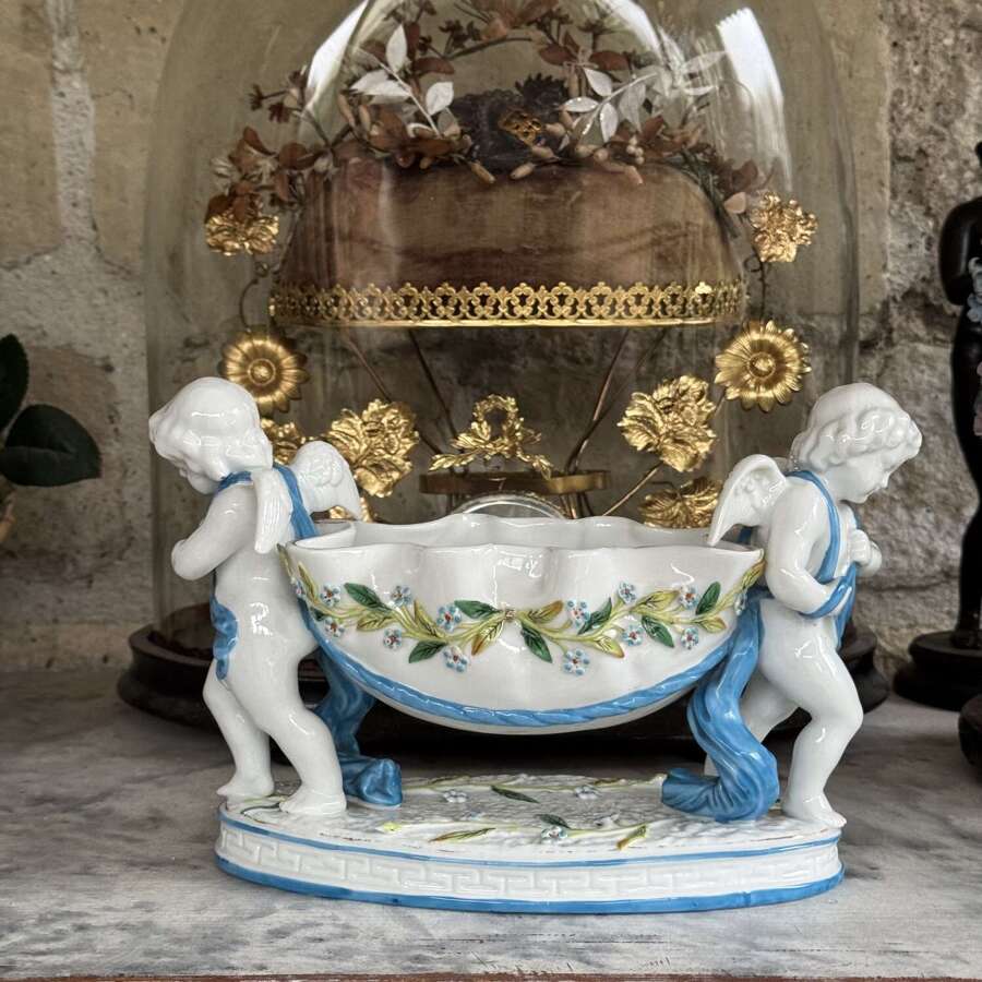 Antique French cherub planter decorated with forget me nots