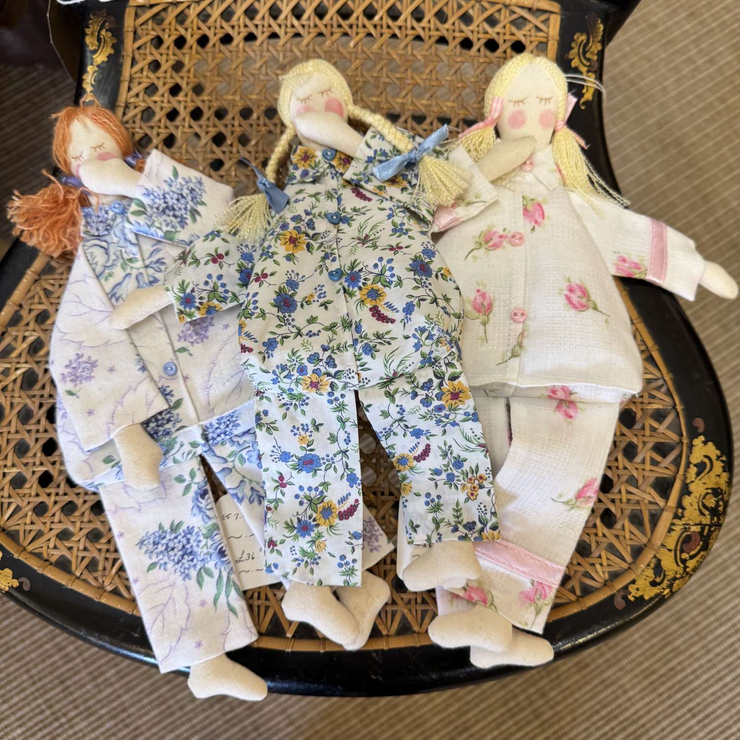Lavender pyjama dolls handcrafted using antique and vintage fabrics