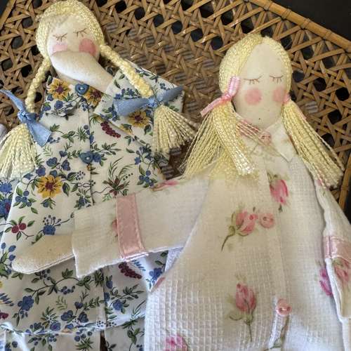 Lavender pyjama dolls handcrafted using antique and vintage fabrics