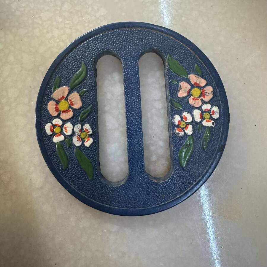 Vintage painted flowers dusky blue wooden buckle