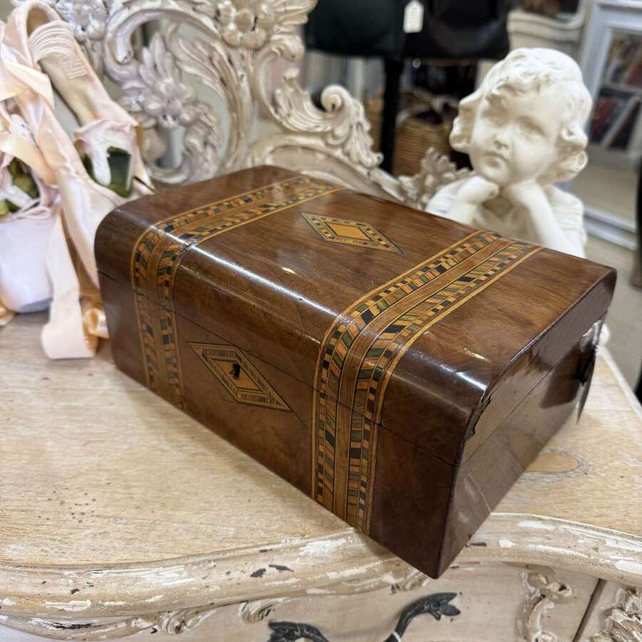 Antique inlaid toleware walnut jewellery box