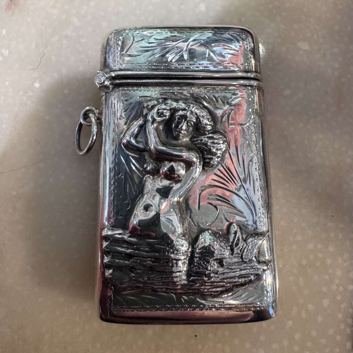 Vintage sterling silver mermaid repousse vesta case