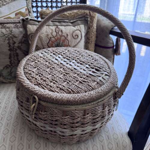 Vintage 1960s Japanese wicker sewing basket with silk satin interior