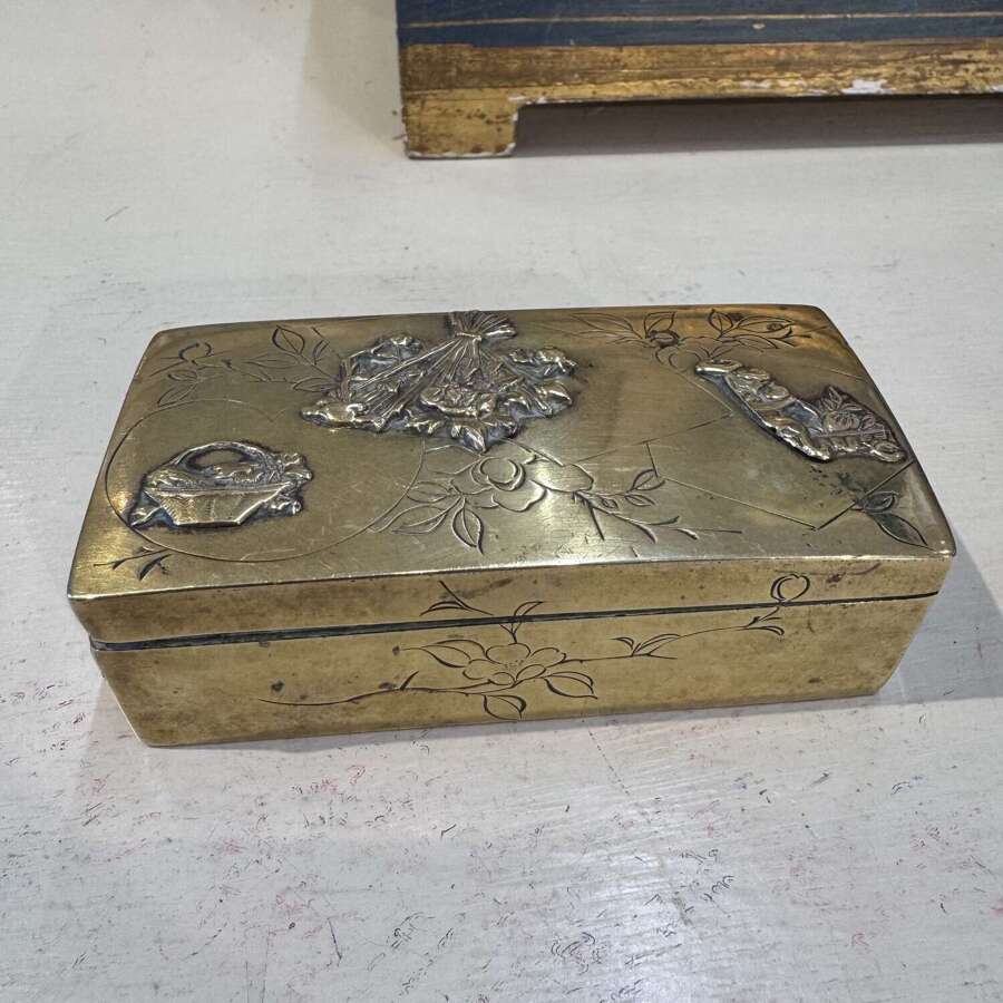 Antique Japanese brass decorative relief box Meiji period