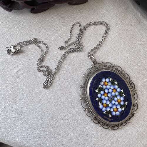 Vintage Italiian oval mosaic pendant with silver tone chain