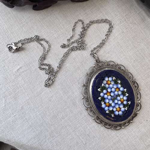Vintage Italiian oval mosaic pendant with silver tone chain