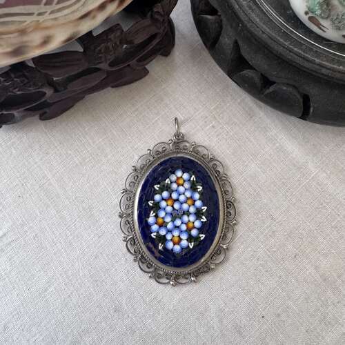 Vintage Italiian oval mosaic pendant with silver tone chain