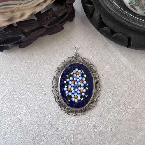 Vintage Italiian oval mosaic pendant with silver tone chain