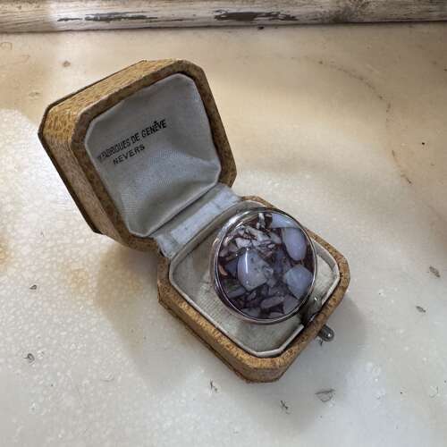 Round Peruvian pink opal, bronze and copper silver ring size P.5