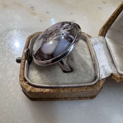 Round Peruvian pink opal, bronze and copper silver ring size P.5