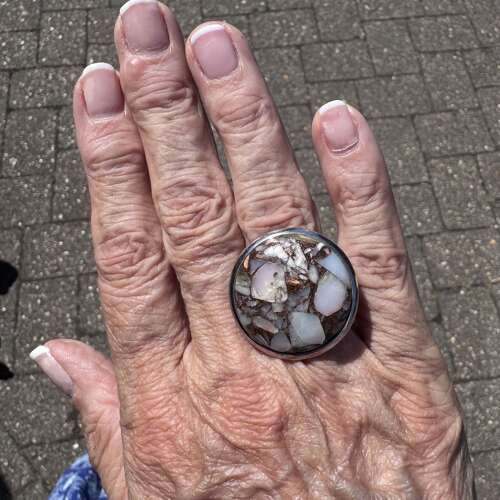 Round Peruvian pink opal, bronze and copper silver ring size P.5