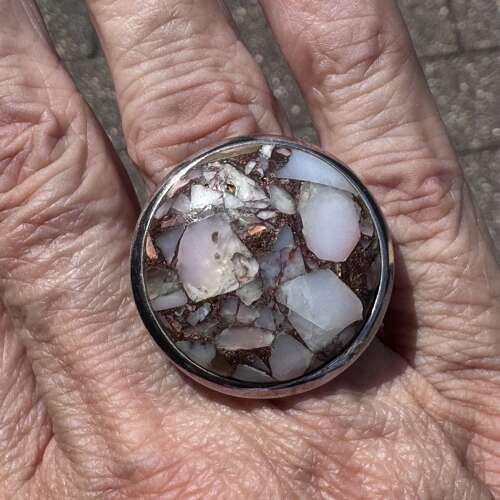 Round Peruvian pink opal, bronze and copper silver ring size P.5