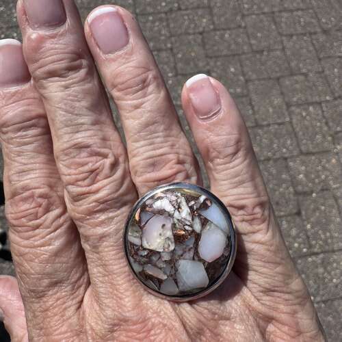 Round Peruvian pink opal, bronze and copper silver ring size P.5
