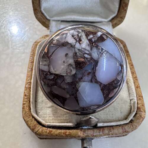 Round Peruvian pink opal, bronze and copper silver ring size P.5
