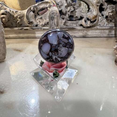 Round Peruvian pink opal, bronze and copper silver ring size P.5