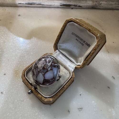 Round Peruvian pink opal, bronze and copper silver ring size P.5